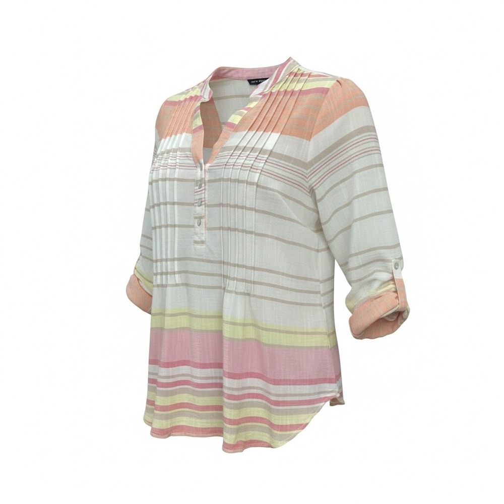 Zac & Rachel Sheer Pink Striped Pintuck Roll Tab Sleeve Large Blouse Boho Flaww